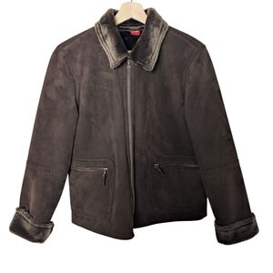 Valerie Stevens Y2K Brown Faux Suede Fur Collar Sherpa Cropped Jacket, size M